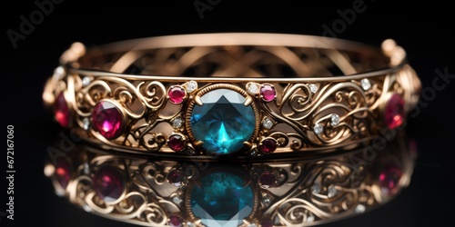 expensive bracelet made of gold and precious stones on a dark background. Generative AI