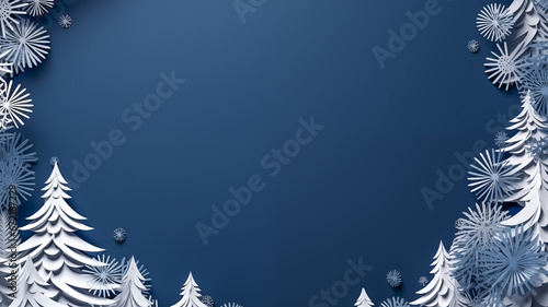 Blue Christmas background with paper cut out Christmas trees and snowflakes. Copy space. photo