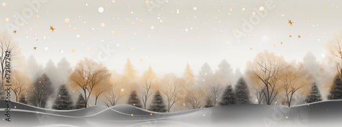 Minimalistic winter landscape with painted trees and snow in gray and golden yellow tones. Copy space.