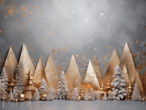 Fototapeta Gray with gold minimalistic New Year's Eve background with volumetric 3D Christmas trees and balls. Copy space.