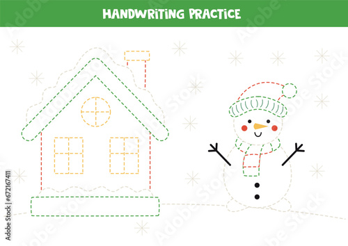 Tracing lines for kids with cute winter house and snowman. Writing practice.