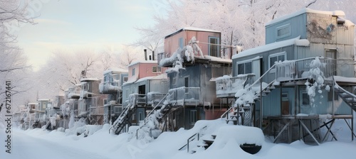 Abandoned houses at winter season. Generative AI technology.   © Hero Design