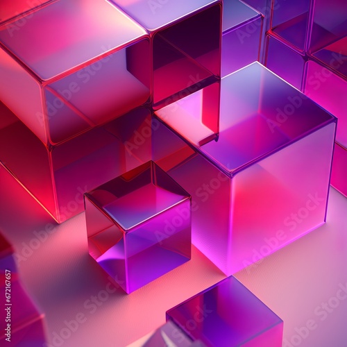 3d render  abstract geometric background  translucent glass with violet pink red gradient  simple square shapes jelly square gummy candy multidimensional neon digital box  Generative AI 