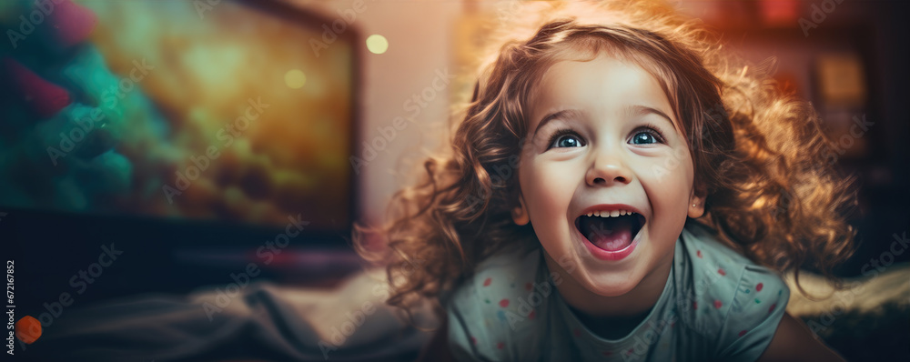 Happy cute girl is excited watching fairy tales on TV