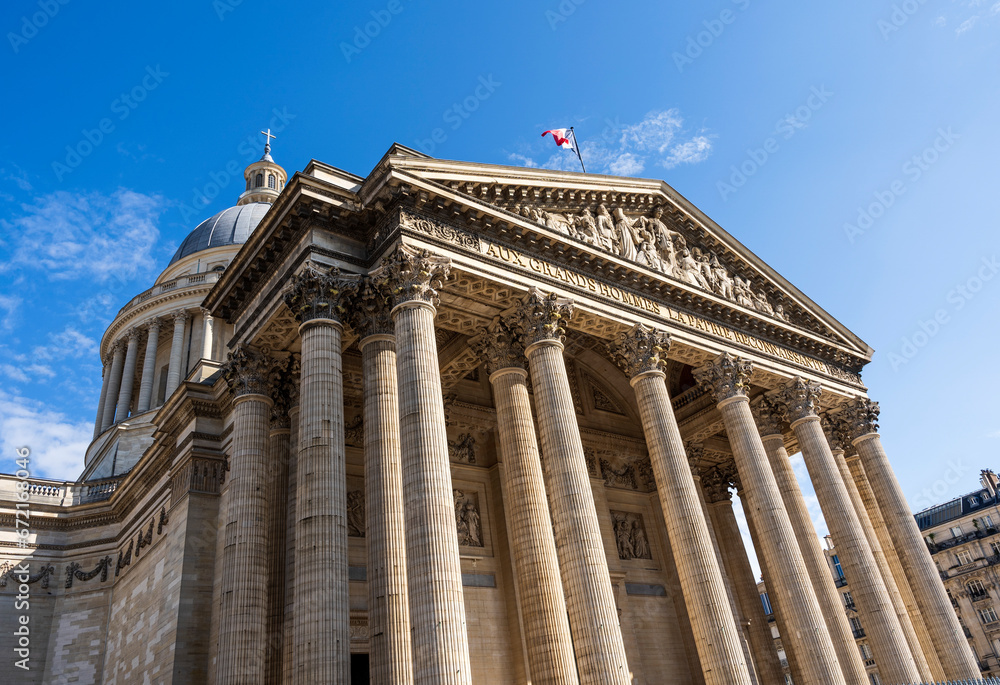 A detail of the façade of the Pantheon, built in 18th century, where many French notable people are buried, Paris city centre, France