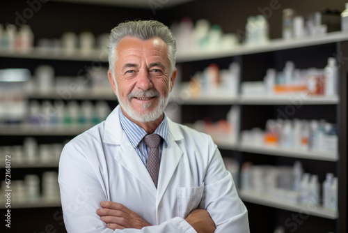 Senior experienced male professional pharmacist in shirt, arms crossed in lab white coat standing in pharmacy shop or drugstore in front of shelf with medicines. Health care concept.