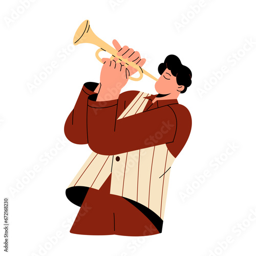 Professional musician blowing in golden horn. Young man performs on wind instrument. Blues performer plays trumpet solo. Jazz performance. Orchestral class. Flat isolated vector illustration on white