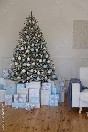Wallpaper Mural new year and Christmas tree with white and blue toys and gift boxes Torontodigital.ca