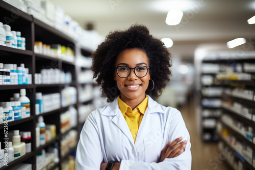 Friendly smiling African American female professional pharmacist in shirt, arms crossed in lab white coat standing in pharmacy shop or drugstore in front of shelf with medicines. Health care concept.