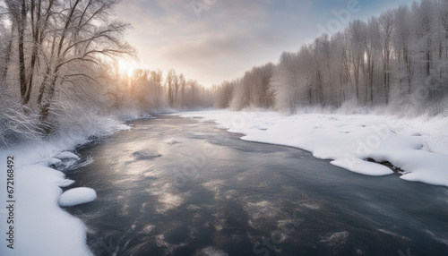 Winter River in Snow Forest Landscape