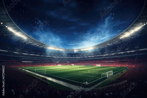 Football stadium with a pitch and arena. Generative AI