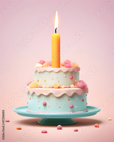 A beautiful and delicious birthday cake with candles, sweet colors creamy pastry
