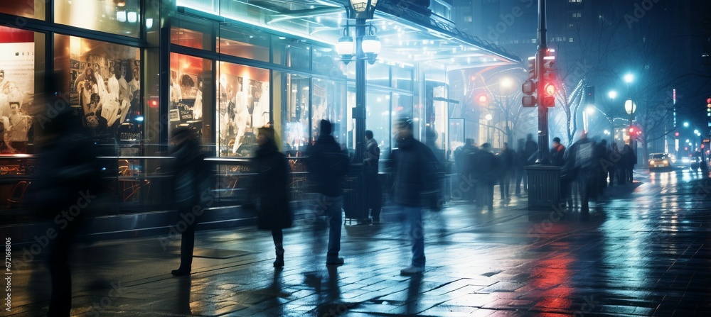 Blurred crowd people walking at night city street. Generative AI technology.	
