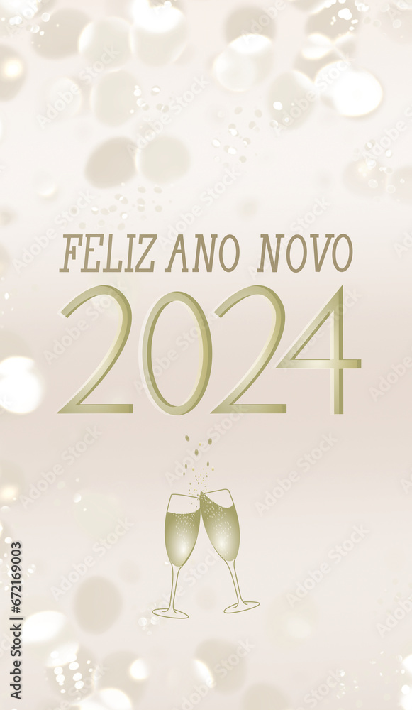 Happy new year in Portuguese golden text with champagne glasses on pink background with lights.