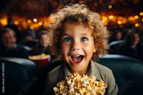 Smiling toddler boy impressed with eyes wide open. Enjoy watching horror movie or thriller in the cinema hall. Bright facial expression  human emotions first time in cinema concept