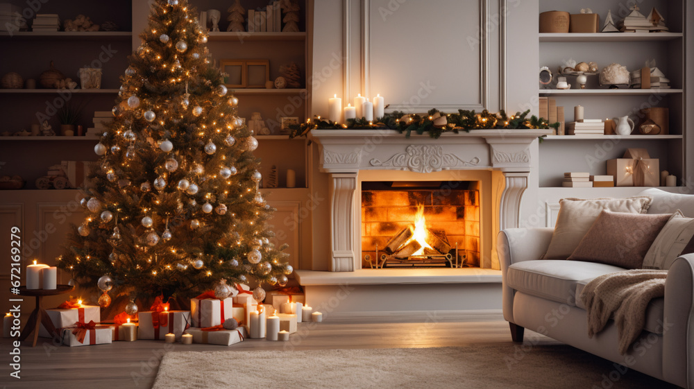 Stylish living room interior, Christmas tree and fireplace. AI Generative. Stylish living room interior, Christmas tree and fireplace. AI Generative.