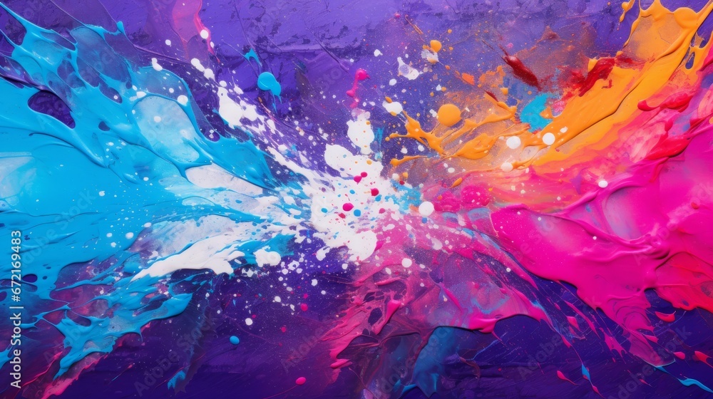 Vibrant Paint Splashes on Purple Background - Generative AI