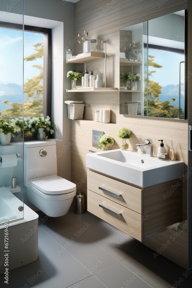 Small bathroom with modern style, Toilet, sink and mirror. Small bathroom with modern style, Toilet, sink and mirror.