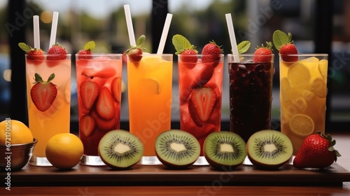 Delicious array of fresh fruit juices in glasses, Drinks for healthy summer treats rich in vitamins.