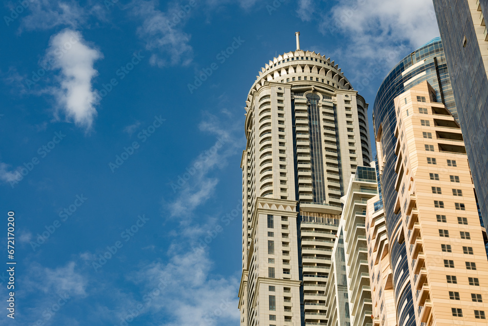 Close-up view of some modern skyscrapers and towers in Dubai Marina, Dubai, United Arab Emirates, UEA.