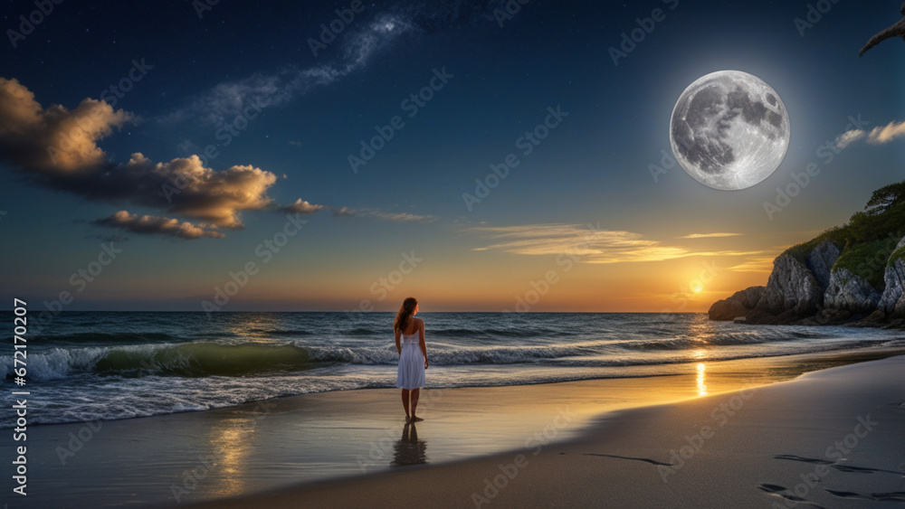 AI-Generated 4K Image: Beautiful Girl Standing on Ocean Bottom Gazing at the Moon AI-Generated 4K Image: Beautiful Girl Standing on Ocean Bottom Gazing at the Moon