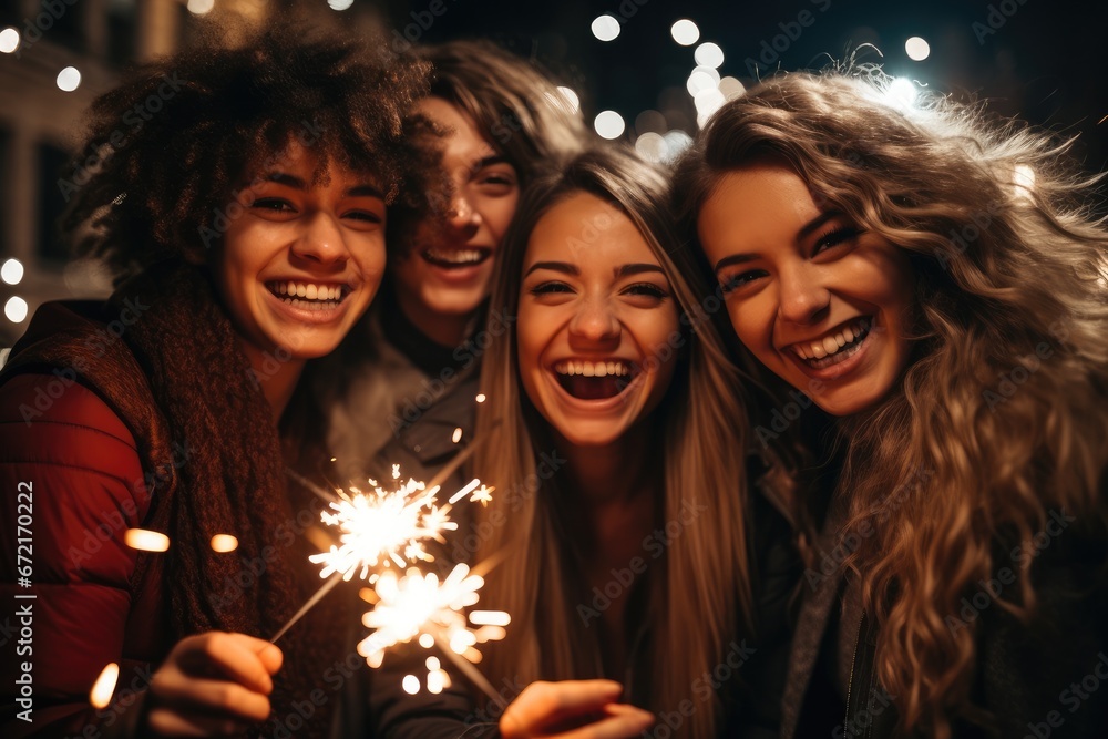 Friends celebrating at New Year's Eve party, Group of friends celebrating a night out with sparklers. Friends celebrating at New Year's Eve party, Group of friends celebrating a night out with sparklers.