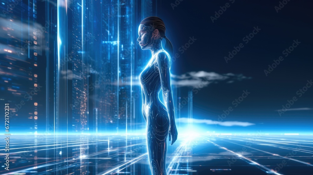 Development of artificial intelligence, blue holograms, AI, minimalism.