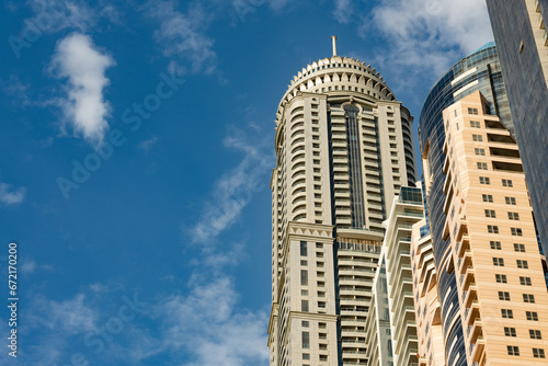 Obraz na płótnie Close-up view of some modern skyscrapers and towers in Dubai Marina, Dubai, United Arab Emirates, UEA. w salonie