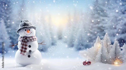 Snowman in winter wonderland: a festive greeting card with copy space © Ameer