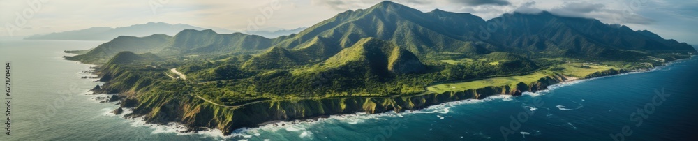  view of a mountain area next to the ocean, in the style of panorama