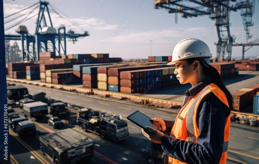 Engineer with tablet from behind in a port full of containers Engineer with tablet from behind in a port full of containers