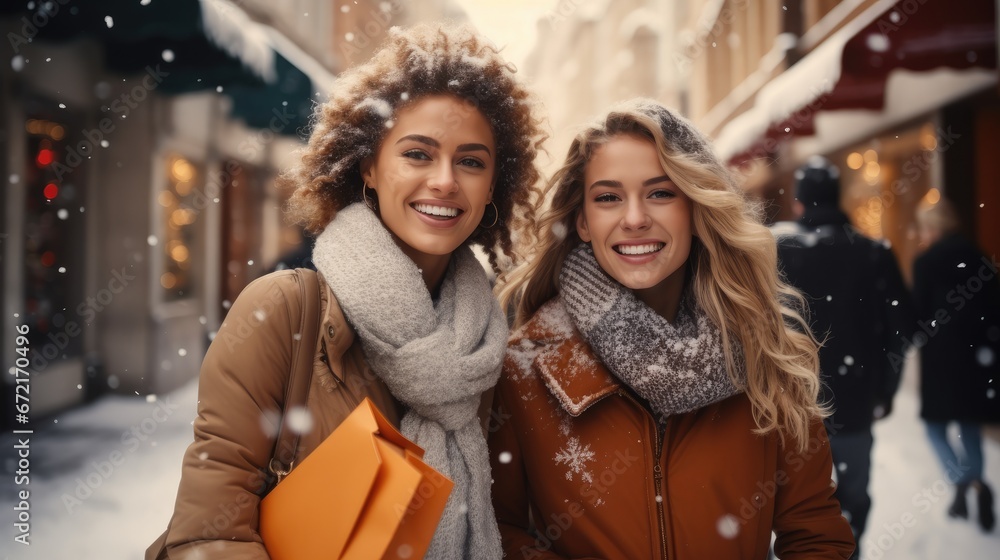 Women making shopping during sales season, Two cheerful female friends holding shopping bags on winter day. - obrazy, fototapety, plakaty 