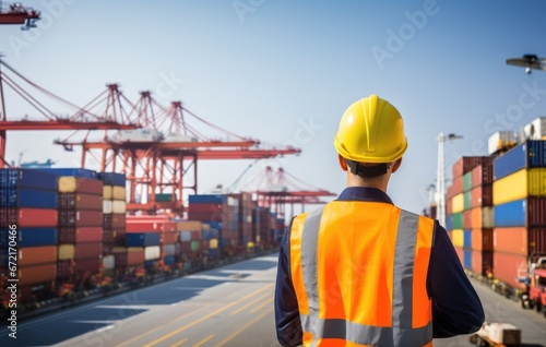 Engineer from behind in a port full of containers
