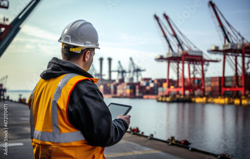 Engineer with tablet from behind in a port full of containers photo