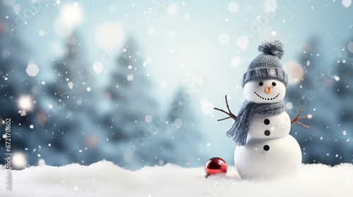 Snowman in winter wonderland: a festive greeting card with copy space