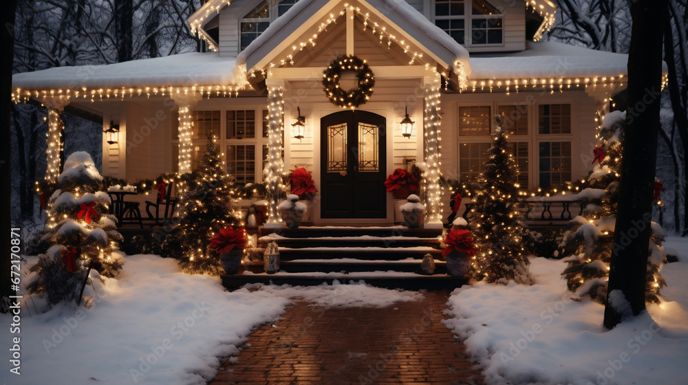Beautiful wooden house decorated for Christmas and New Year 