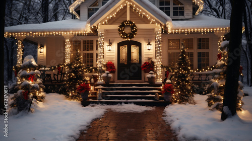 Beautiful wooden house decorated for Christmas and New Year 