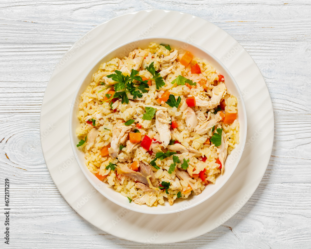 Chicken Fried Rice with vegetables in white bowl