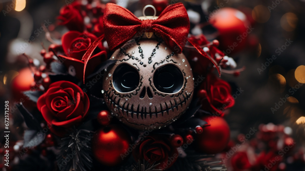 Christmas decoration with skull and red rose on bokeh background Christmas decoration with skull and red rose on bokeh background