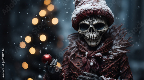 Skull in a red coat with a red Christmas ball in his hands © Jioo7