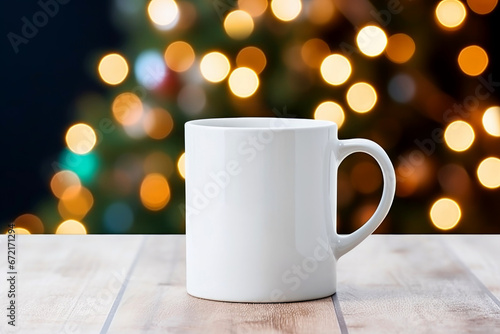 cup of coffee, tea on wooden table on Christmas background 