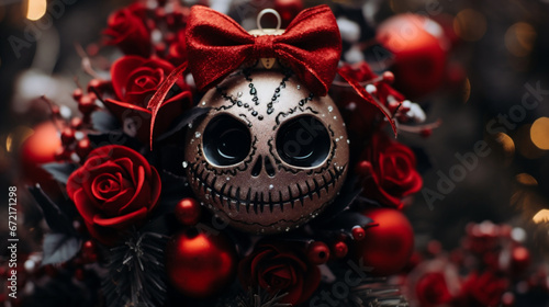 Christmas decoration with skull and red rose on bokeh background