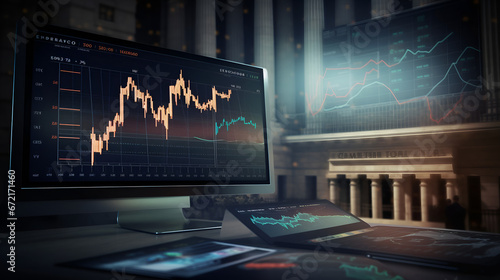 Against the backdrop of economic charts and graphs, the Federal Reserve fine-tunes its approach to raising monetary policy, a calculated aimed at managing inflation, interest rates.  AI generative.