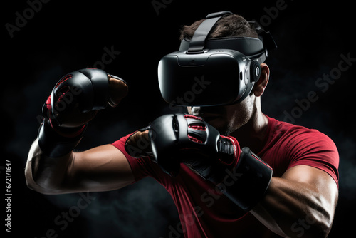 A sport guy doing boxing with a virtual reality headset on black background.