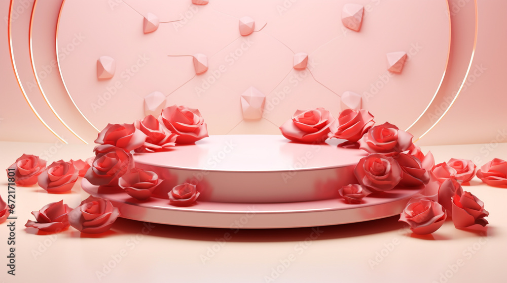Blank podium derocation with rose. Valentine concept. Generative AI Blank podium derocation with rose. Valentine concept. Generative AI