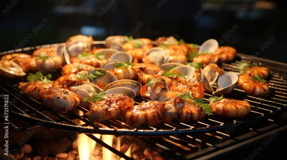 Grilled seafood, Clams and shrimp are placed on a grill to cook.