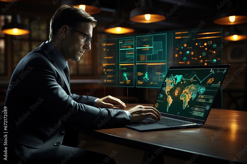 Programmer, businessman, analyst works on computer. Ai generative Programmer, businessman, analyst works on computer. Ai generative