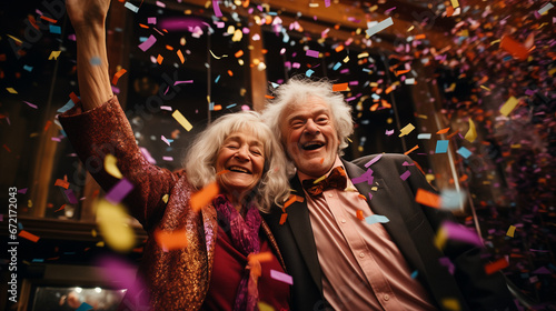 Group of old people having fun and enjoying New Year night together celebrating with sparklers and funny accessories - happy lifestyle. Elderly people lifestyle and holidays concept. Generative AI. 