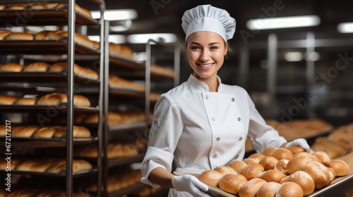 Worker woman baker in chef uniform hold freshly baked bread.