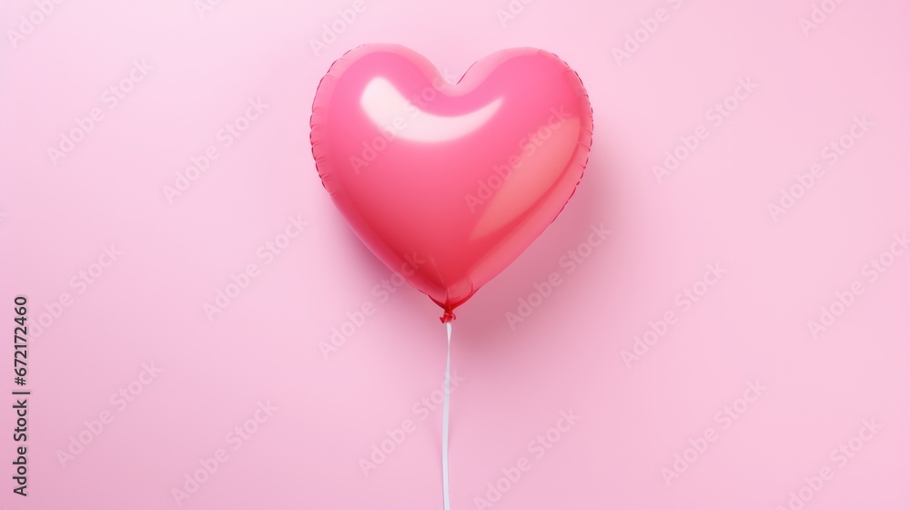 Flying pink air balloon in the shape of a heart on a pink background.